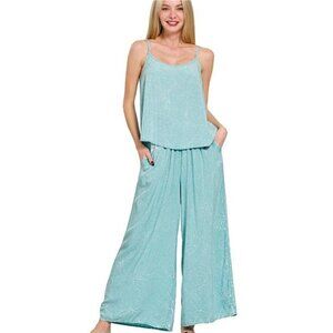 Zenana Woven Acid Crinkle Washed Cami & Pants 2 Piece Set